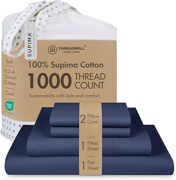 Threadmill Luxury Full Size Sheets for Full Size Mattress, 1000 Thread Count Supima Cotton Sheets for Full Mattress, 5-Star Hotel Quality 4 Piece Bed Sheet with Extra Deep Pocket, Folkstone Blue