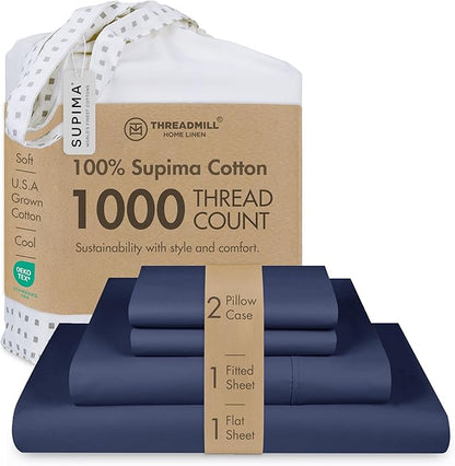 Threadmill American Supima King Size Cotton Sheets, 1000 Thread Count, 4 Piece Luxury Bed Sheets for King Mattress, 5 Star Hotel Quality Sheets with Elasticized Extra Deep Pocket, Folkstone Blue