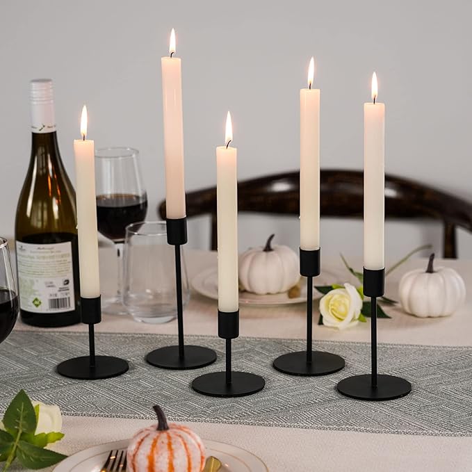 Smtyle Original Design Premium Quality Black Candlestick Holders, Set of 5 Solid Metal Taper Candle Holders Heavyweight Rustic Centerpieces for Tables, Dining, Fireplace, and Mantel Decor