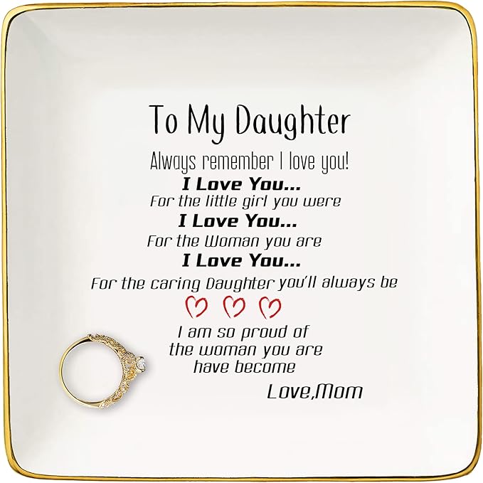 To My Daughter Always Remember I Love You Ceramic Jewelry Holder Ring Dish Trinket Tray - Gifts from Mom Or Dad - Birthday, Graduation, Christmas