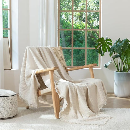 MooMee Muslin Blanket - 100% Cotton 4-Layer Gauze Throw Blanket with All-Around Fringe, Ultra-Soft Breathable Lightweight Cooling Decorative for Bed, Sofa & Couch (Beige,Throw 60" x 50")