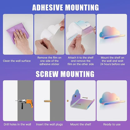 NiHome Iridescent Acrylic Floating Shelves, 4 Pack Cloud Shelves,Small Floating Shelf for Wall, Wall Mountable and Multi-Functional for Home Décor, Bathroom, Kitchen, Bedroom (Small, 4 Pack)
