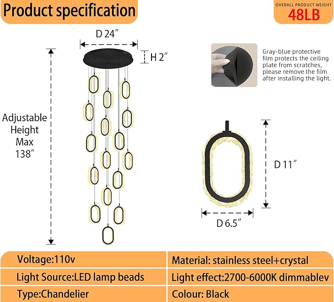 Modern Large Ring Chandelier for High Ceiling Black Stair Chandeliers for Foyer LED Crystal Ring Drop Chandelier Dimmable 2700K-6000K 16-Light