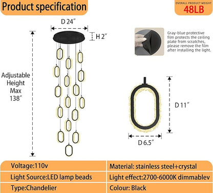 Modern Large Ring Chandelier for High Ceiling Black Stair Chandeliers for Foyer LED Crystal Ring Drop Chandelier Dimmable 2700K-6000K 16-Light