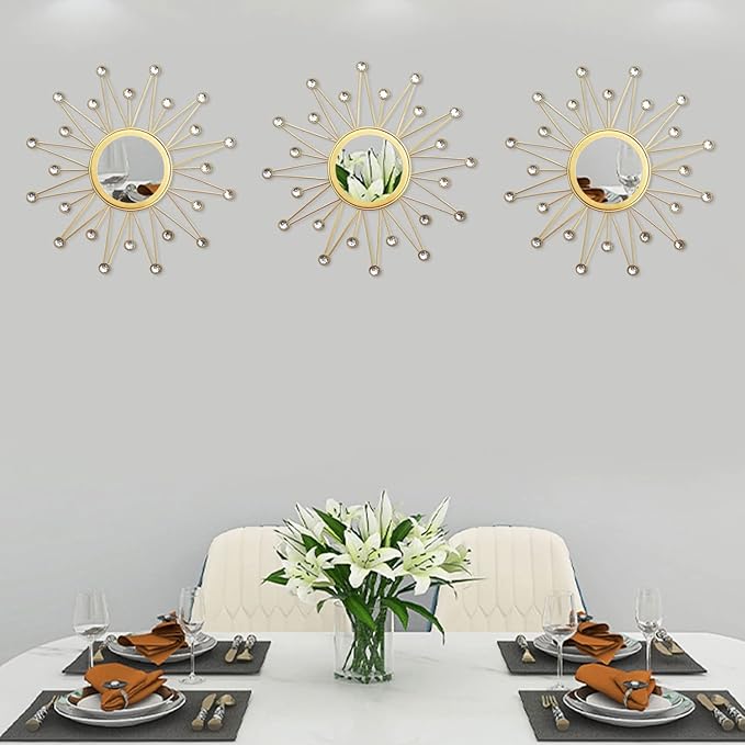 Uaussi 3 Pack Crystal Sunburst Wall Mirror Décor Rhinestone Mirrors Decorative Home Wall Art for Living Room Bedroom Entryway (Triangle Burst Gold)