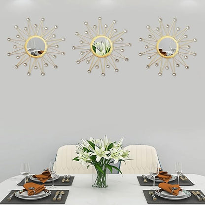 Uaussi 3 Pack Crystal Sunburst Wall Mirror Décor Rhinestone Mirrors Decorative Home Wall Art for Living Room Bedroom Entryway (Triangle Burst Gold)