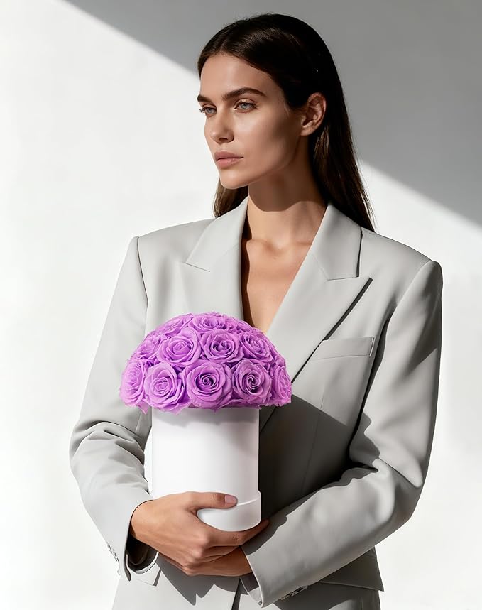 27 Forever Roses Dome in Luxury White Box, Eternal Real Roses Birthday Gifts for Women, Preserved Flowers for Delivery Prime, Anniversary, Valentine's Day, Mothers Day for Mom (Light Purple)