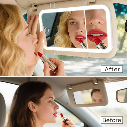 LED Car Sun Visor Vanity Mirror, 3 Light Modes & 5x Magnification Small Glass, Car Accessories Essentials for Women, Rechargeable Dimmable Touch Control Travel Makeup Mirror for Truck SUV（White）