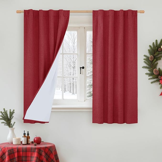 LAMIT Linen 100% Blackout Window Curtains for Bedroom, 45 Inches Linen Textured Thermal Christmas Decor Curtains Back Tab and Rod Pocket Window Panels with White Liner, 2 Panels, 38 x 45 Inch, Red
