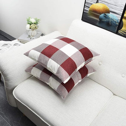 Artaimee Red & White Buffalo Check Plaid Throw Pillow Covers 18x18 - Set of 2 - Durable Cotton Linen, Hidden Zipper - Decorative Cushion Case for Couch, Sofa, Bed, Office, Farmhouse, Home Décor