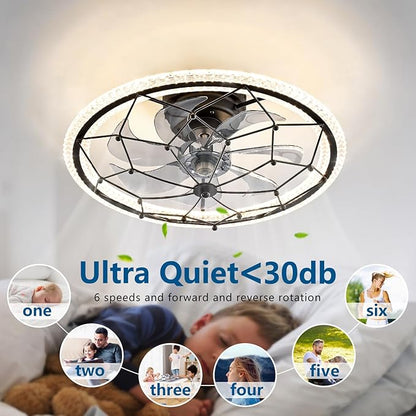 Matte Black Ceiling Fan with Light, Farmhouse Chemistry Molecular Model Caged Ceiling Fan with Remote, LED Low Profile Ceiling Light for Bedroom Kitchen Living Room
