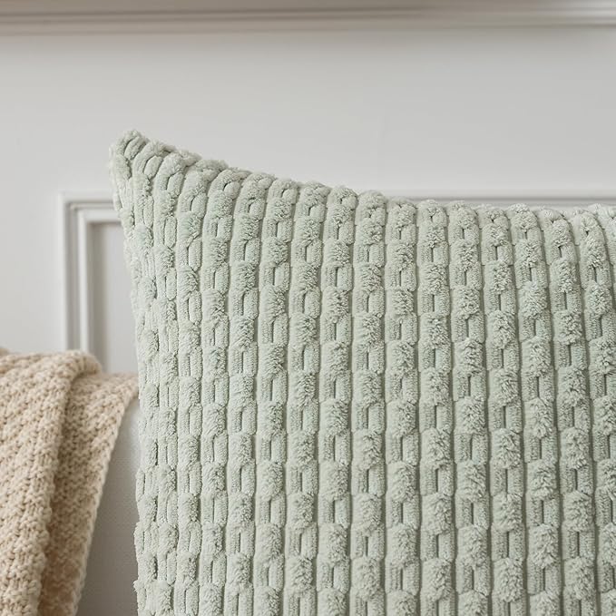 Kevin Textile Pack of 2 Corduroy Decorative Throw Pillow Covers 12x20 Inch Spring Soft Boho Striped Pillow Covers Modern Farmhouse Home Decor for Spring Sofa Living Room Couch Bed Light Green
