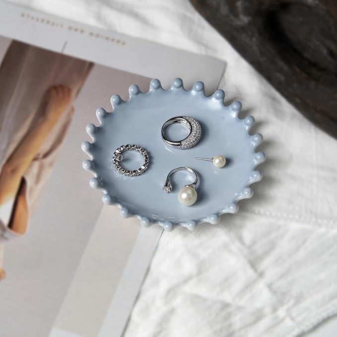 Ceramic Jewelry Dish, Decorative Tray for Rings Earrings Necklaces Bracelet Watch Keys, 4.50" Trinket Tray as Gifts for Women (Antique Beads)