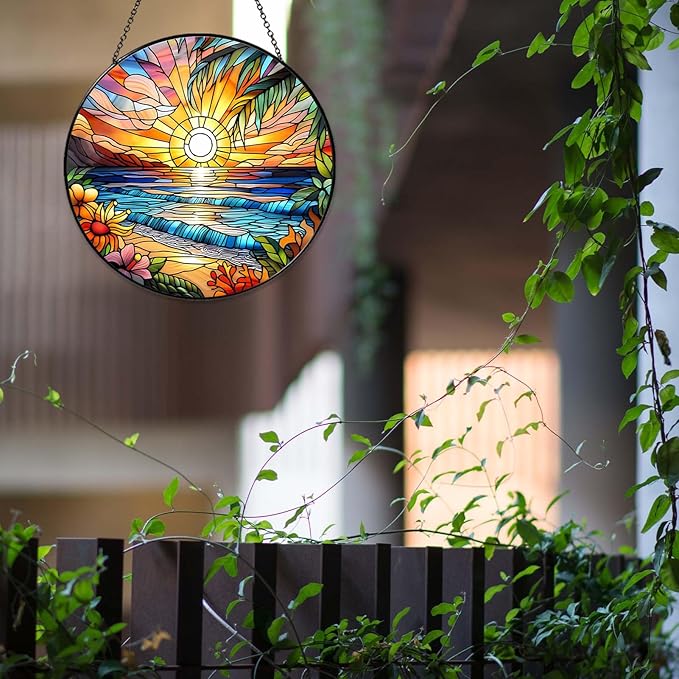Beach Sunset Sun Catcher Stained Glass Window Hanging Beach Lovers Gifts for Women Wall Decor Landscape Decoration for Home Garden Housewarming Gifts