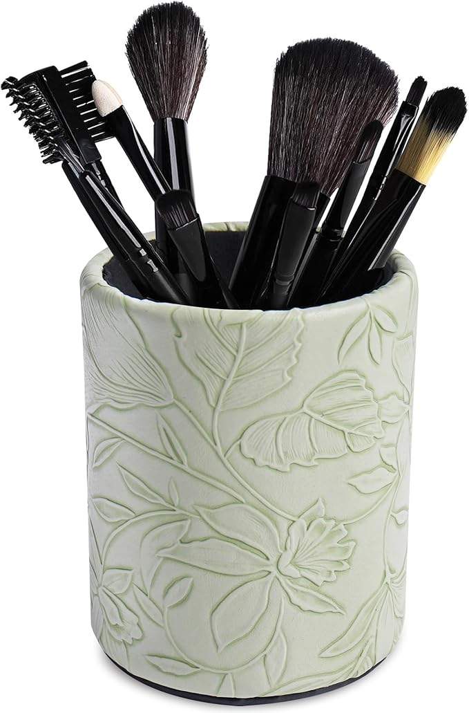 PU Leather Pen Holder Round Flash Makeup Brush Holder Desktop Pencil Storage Holder Gift for Desk Office Classroom Home(1-Carved Green)