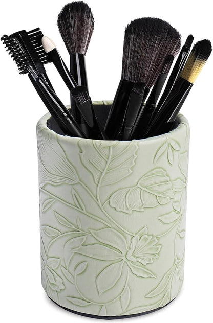 PU Leather Pen Holder Round Flash Makeup Brush Holder Desktop Pencil Storage Holder Gift for Desk Office Classroom Home(1-Carved Green)