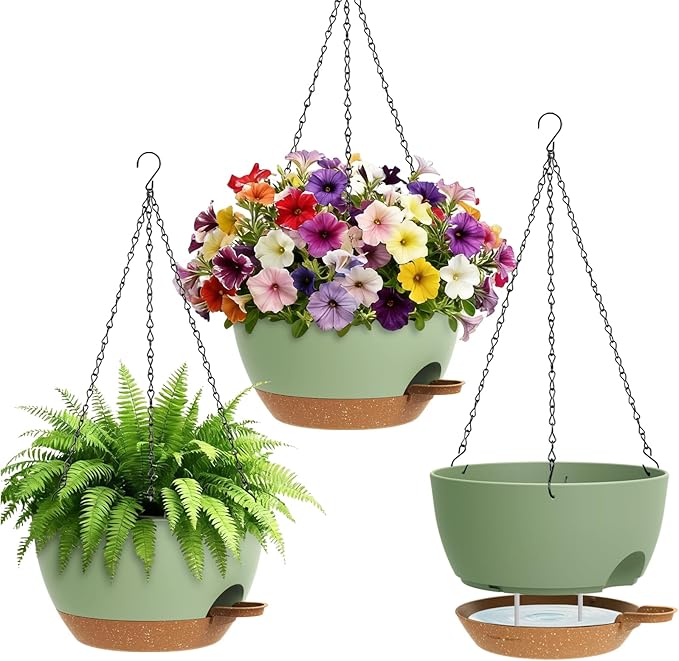Set of 3-10 Inch Self Watering Hanging Planters for Indoor & Outdoor，Hanging Plant Pots with Drainage & Removable Tray, Modern Hanging Pots Holder for Ivy, Ferns, Balcony & Patio, Green and Brown
