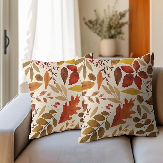 Fall Leaf Pillow Covers 20x20 Set of 2 Brown Beige Maple Leaves Autumn Harvest Throw Pillow Cases with Zipper Outdoor Decorative Cushion Cover Rustic Decoration Farmhouse Home Sofa Couch Bed Decor