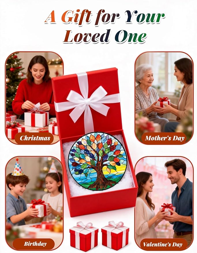 Stained Glass Window Hanging, Colorful Tree of Life Suncatcher for Door Home Decor, Glass Panel Sunrise Sun Catcher Ornament Mother's Day Birthday Gifts for Women Men Mom 6.3 in
