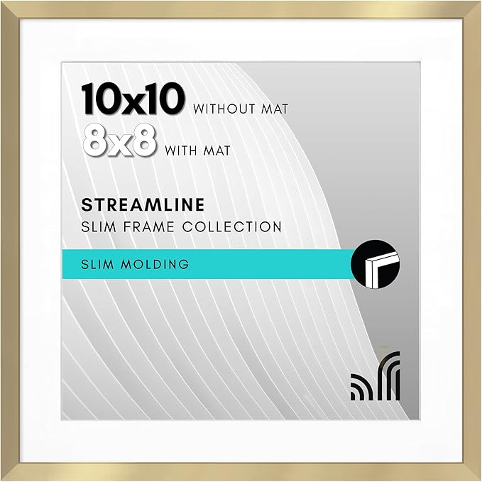 Americanflat 10x10 Picture Frame with Shatter-Resistant Glass - Use as 8x8 Frame with Mat or Display 10x10 Photo Without Mat - Streamline Collection - Square Frames for Tabletop or Wall - Gold