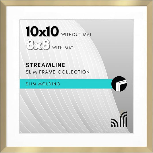 Americanflat 10x10 Picture Frame with Shatter-Resistant Glass - Use as 8x8 Frame with Mat or Display 10x10 Photo Without Mat - Streamline Collection - Square Frames for Tabletop or Wall - Gold