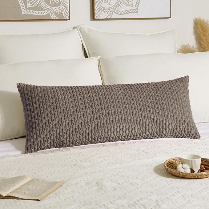 Kevin Textile 14x36 Inch Long Lumbar 1 Pack Boho Decorative Throw Pillow Cover Soft Striped Corduroy Rectangle Cushion Case Farmhouse Solid Color Accent for Living Room Couch Sofa Bed, Light Brown
