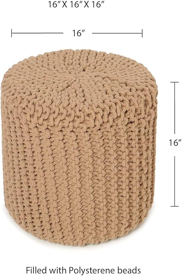 REDEARTH · Cylindrical Hand Knitted Pouf - Foot Stool Ottoman - Cord Boho Pouffe - Cotton Round Poof for Home Decor - Living Room - Nursery - Bedroom - Patio (16" x 16" x 16") - Beige, Set of 2