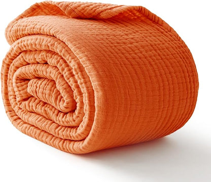100% Cotton Muslin Blanket Twin 66" x 90", 6 Layers Breathable and Lightweight Cotton Blankets for Couch, Soft Cooling Summer Gauze Blanket for Adults All Season, Orange