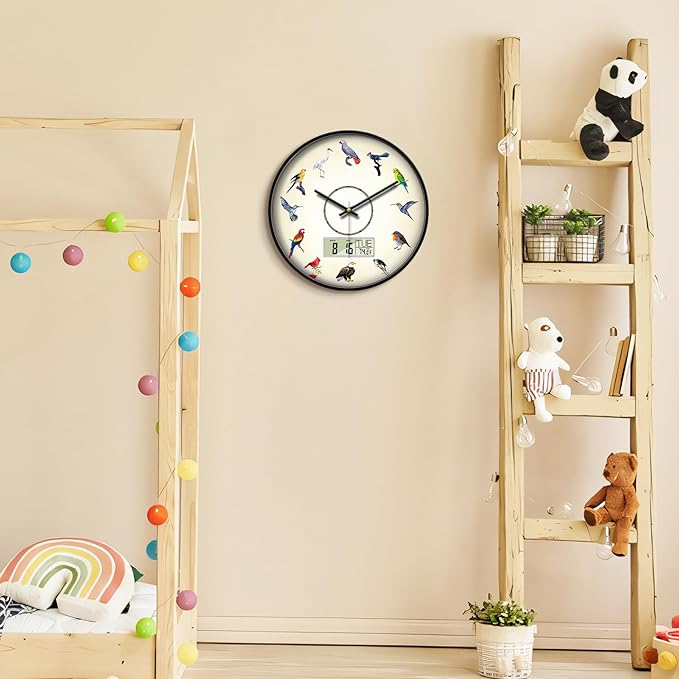 Silent Modern Digital Clock with Week and Date Temperature Funny Birds Large Display Clock Battery Operated LCD Wall Clocks Non-Ticking Clocks for Bathroom Kitchen Living Room Decor 14 Inch