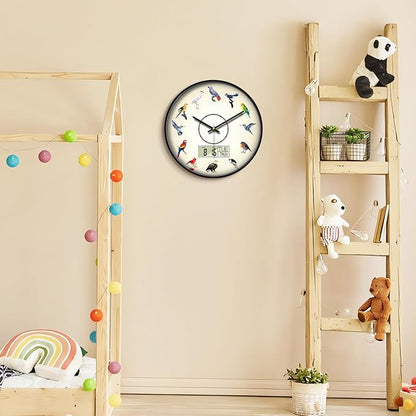 Silent Modern Digital Clock with Week and Date Temperature Funny Birds Large Display Clock Battery Operated LCD Wall Clocks Non-Ticking Clocks for Bathroom Kitchen Living Room Decor 14 Inch