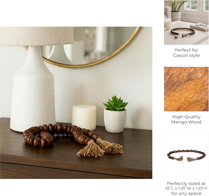 Sagebrook Home Rustic Wood Bead Garland with Jute Tassels - Decorative Farmhouse Beads for Coffee Table, Shelf, or Mantel - Natural Boho Accent for Home Décor - 1.25" Natural/Brown