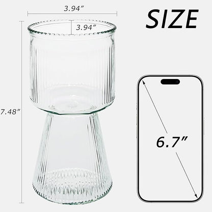 VECELO Modern Ribbed Glass Vase, Clear Flower Vase for Table Centerpiece, Modern Glass Vase for Living Room, Bedroom, Dining Table, Entryway, Office, Wedding, 7.5 Inches