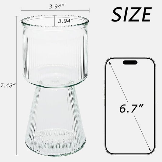 VECELO Modern Ribbed Glass Vase, Clear Flower Vase for Table Centerpiece, Modern Glass Vase for Living Room, Bedroom, Dining Table, Entryway, Office, Wedding, 7.5 Inches