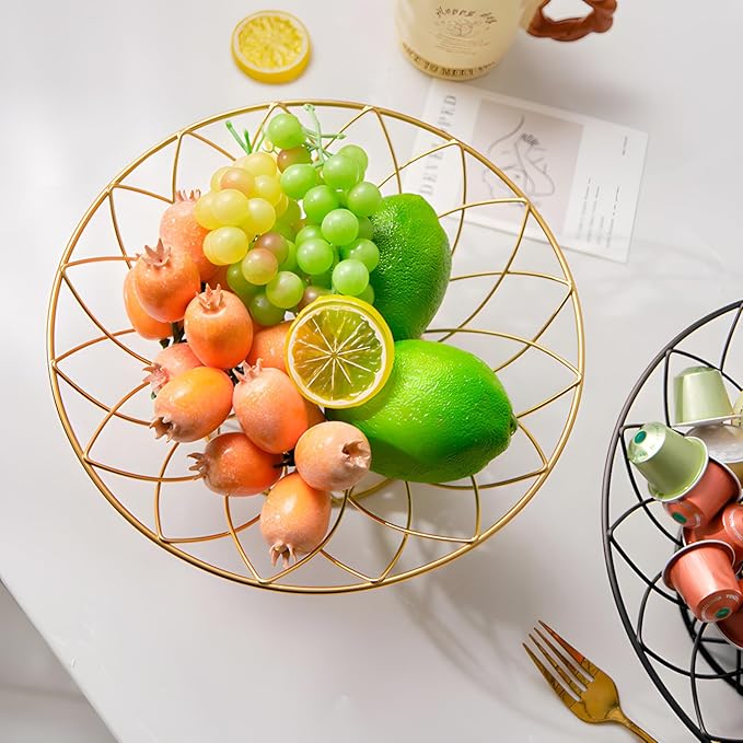 Large Metal Wire Fruit Bowl, Round Mesh Fruit Basket for Kitchen Countertop, Modern Decorative Bread Vegetable Storage Holder Organizer(Black)