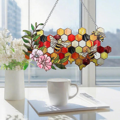 Stained Glass Suncatchers for Windows, Enlarged Stained Glass Window Hanging with Metal Chain, Garden Suncatchers for Home Decor, Garden, Patio, Gift for Nature and Bee Lovers