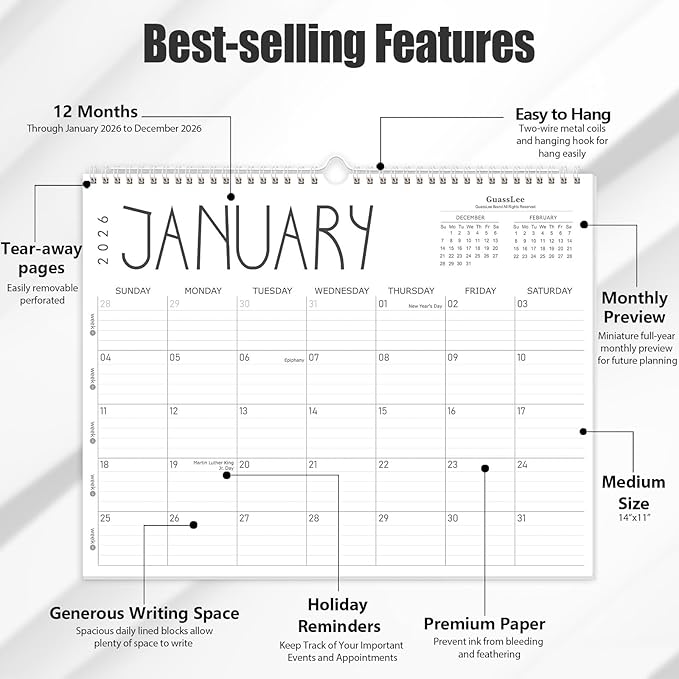 GuassLee Wall Calendar 2026, 2026 Calendar Wall from Jan. 2026 to Dec 2026, 14" X 11" Paper Monthly Planner Wall Hanging Calendar with Thick Paper for Office Home Planning & Organizing