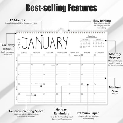 GuassLee Wall Calendar 2026, 2026 Calendar Wall from Jan. 2026 to Dec 2026, 14" X 11" Paper Monthly Planner Wall Hanging Calendar with Thick Paper for Office Home Planning & Organizing