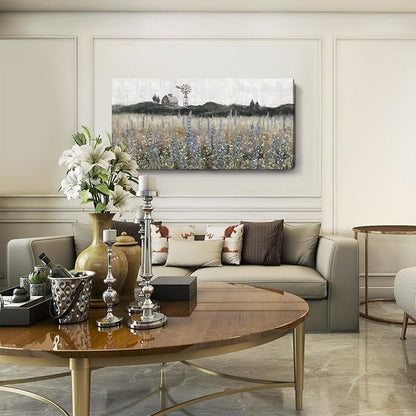 Large Canvas Wall Art for Living Room Rustic Countryside Scenery Vintage Farmhouse Print Painting Nature Wilderness Landscape Wildflower Field Meadow Picture Classical Framed Artwork 30x60inch