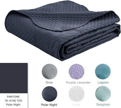 HZ & HY Oversized King Bedspread 138x122 Extra Wide, Ultrasonic Coverlet Bedding Set, Lightweight Thin Comforter, Reversible, 5 Piece, 100% Microfiber, California/Alaskan King, Navy Blue