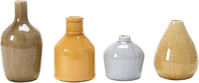 Creative Co-Op Stoneware Bud Vases in Crackle Glaze, Grey/Mustard Tones, Set of 4