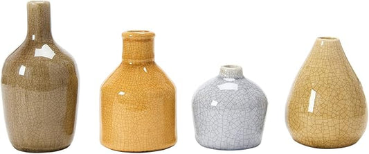 Creative Co-Op Stoneware Bud Vases in Crackle Glaze, Grey/Mustard Tones, Set of 4