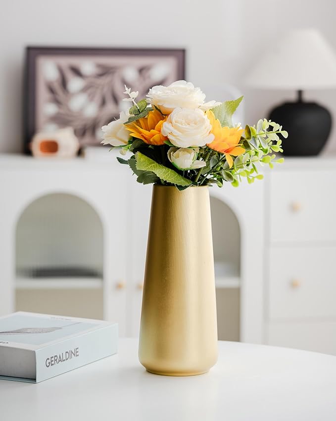 Light Gold Vase - 10" Gold Ceramic Flower vase for Home/Table/Accent Decor, Minimalist Modern Vases Ceramic for Centerpieces, Room Decor, Living Room, Bedroom or Gift