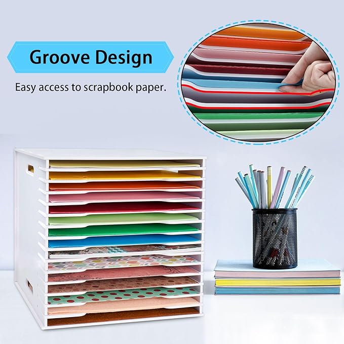 SANFURNEY Scrapbook Paper Organizer for Sizes 12" x 12", 15 Slots File Sorter Storage, Document Holder, Desktop Scrapbook Paper Organizer Rack for Home Office School (White, 15 Slots - Standard Size)