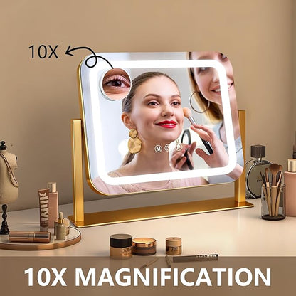 Gold Vanity Mirror with Lights 14"×12", Led Makeup Mirror, Lighted Makeup Mirror with 3 Color Dimmable Lights, Smart Touch Screen Control, 360°Rotation