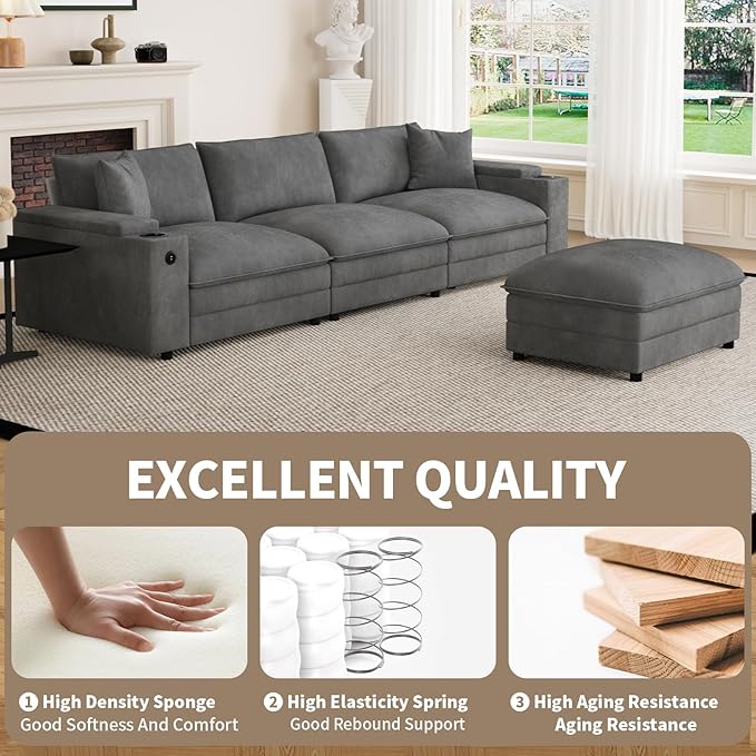 115" L Shaped Cloud Sofa Couch with Ottoman, Storage Armrest, Cup Holders, USB & Type-C Ports, Spring Cushions, Solid Wood Frame, Chenille Modular Sectional for Living Room (Dark Gray-L-115.2")