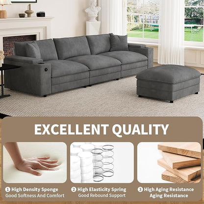 115" L Shaped Cloud Sofa Couch with Ottoman, Storage Armrest, Cup Holders, USB & Type-C Ports, Spring Cushions, Solid Wood Frame, Chenille Modular Sectional for Living Room (Dark Gray-L-115.2")