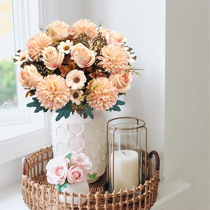 3 Pcs Fall Flowers Artificial Mums Silk Fake Mums Bouquet Faux Floral Arrangements Home Indoor Outdoor Planter Decor Party Wedding Table Autumn Decoration (Champagne)