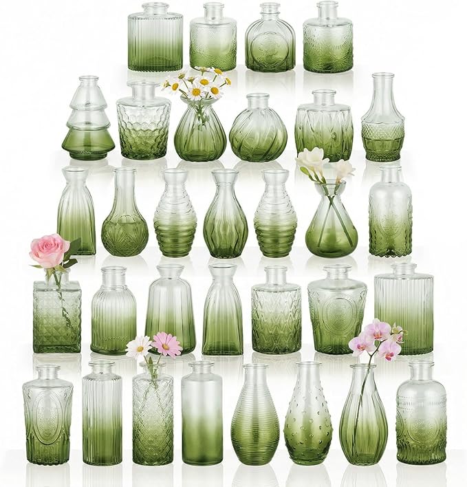 BEAHOT 32 Pack Bud Vase in Bulk,Mini Green Vintage Glass Flower Vases for Centerpieces,Wedding Decor,Party & Home Decaration,Mother's Day (Green-Gradient)