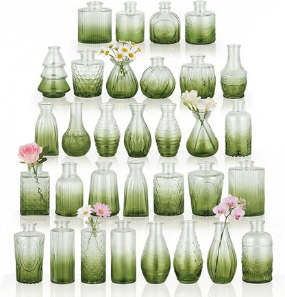BEAHOT 32 Pack Bud Vase in Bulk,Mini Green Vintage Glass Flower Vases for Centerpieces,Wedding Decor,Party & Home Decaration,Mother's Day (Green-Gradient)