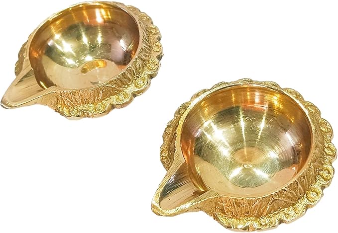 athizay Brass Diyas Pack of 2 for Pooja Virgin Brass Indian Diya Set Oil lamp Sets for Gifting Home Decor Vilakku (Kuber Diya Set 2)